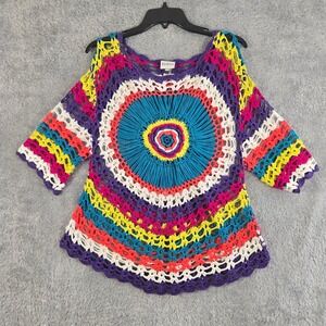 Sioni Studio Womens Crochet Knit Cold Shoulder Top Multi Color Boho L/XL 0526 X